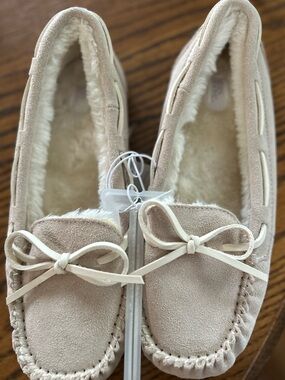 stars above Taupe Suede-Look Moccasin Slippers with Bow